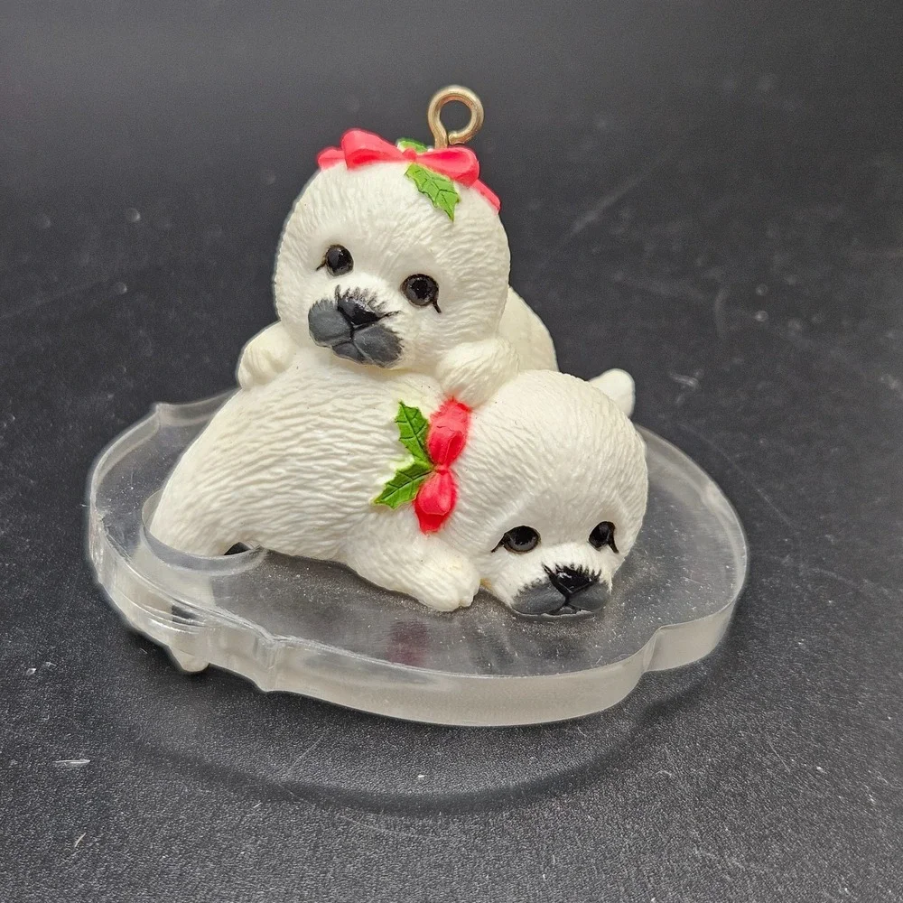 Vintage Christmas Seal Pup Ornament Polar Bear Cub Holly Bow Resin